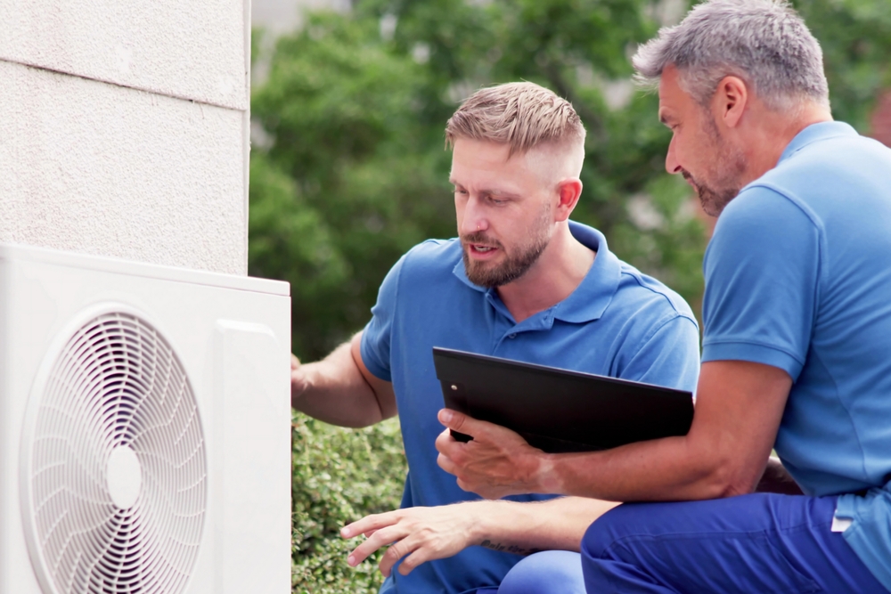 Two expert technicians studying a heat pump to decide if it needs to be upgraded