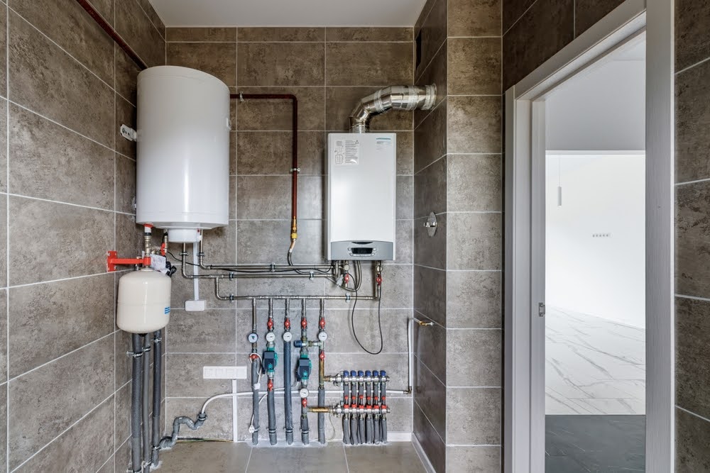 A residential boiler system installed in a utility room next to a tankless water heater